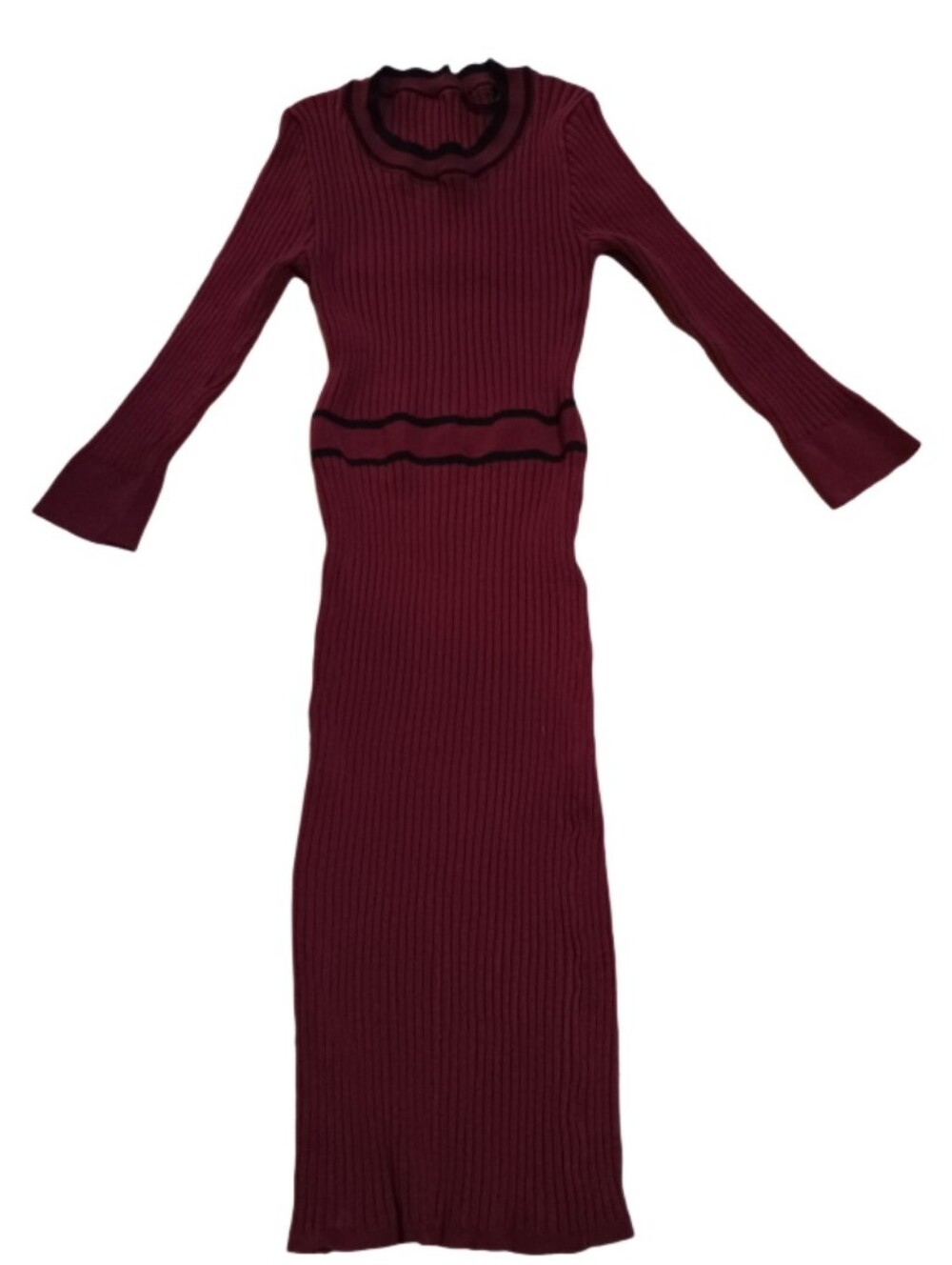 Poof Couture Women's Large Burgundy Ribbed Knit Midi Sweater Dress Bell Sleeve